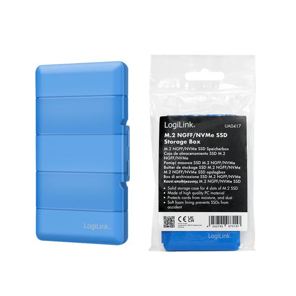 LogiLink Skyddsfodral för 4 M.2 SSD-diskar, Stötsäker, Blå