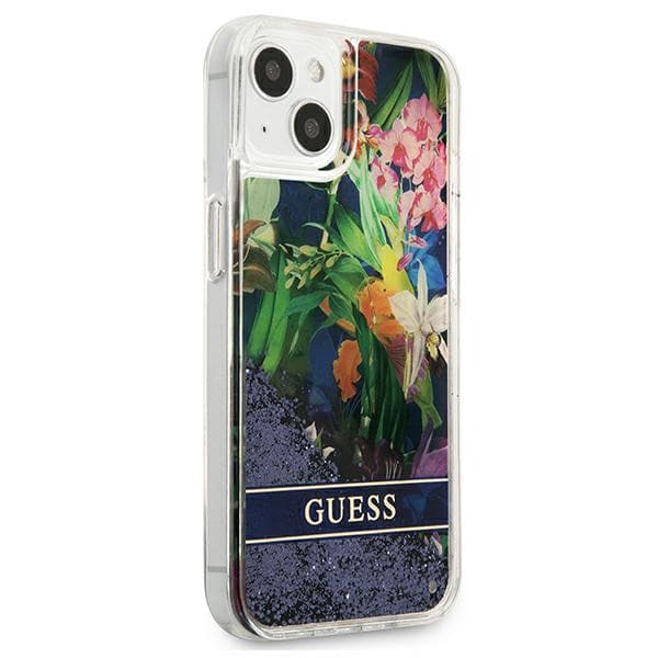 Guess Flower Liquid Glitter cover til iPhone 13 mini, blå