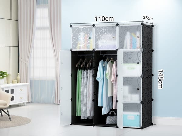 Modulær garderobe, bærbar garderobe, 12 moduler, bøjler