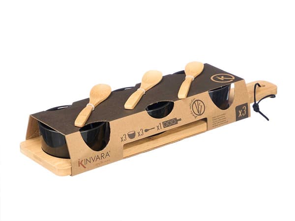 3 sorte skåle med bambusbakke