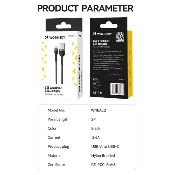 Flettet kabel USB-A - USB-C 2.4A 1m sort