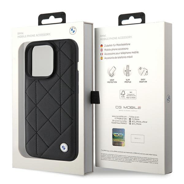 BMW lædercover i quiltet materiale til iPhone 15 Pro Max, sort