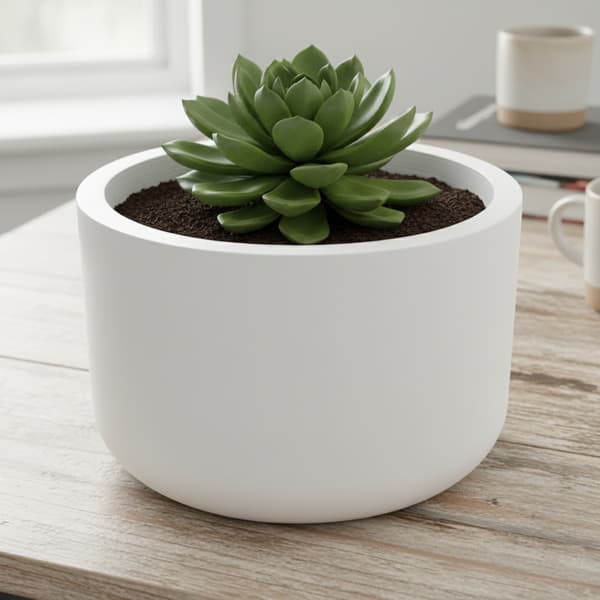 Rund vit blomkruka i minimalistisk stil
