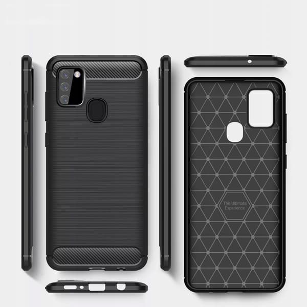 ETUI TIL GALAXY S21 FE ARMOR CARBON SORT + 9H HÆRDET GLAS