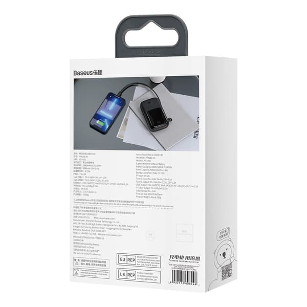 Powerbank 10000mAh USB USB-C iPhone Lightning + USB-C Kabel - Sort