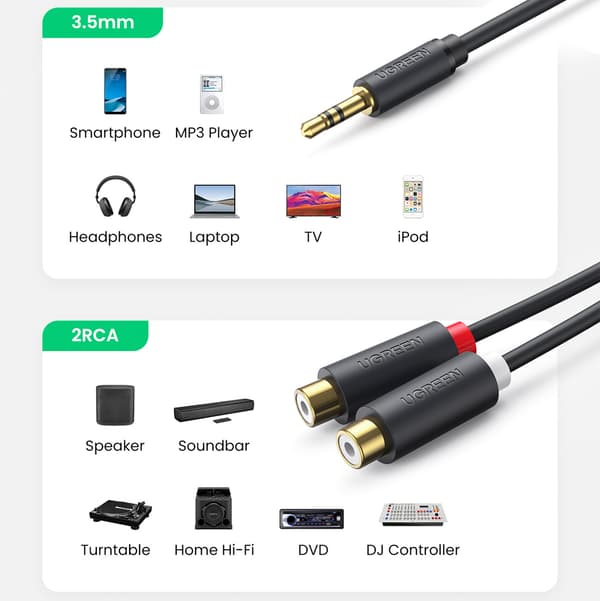 Ljudadapterkabel 3,5 mm hane - 2x RCA hona 0,25 m grå
