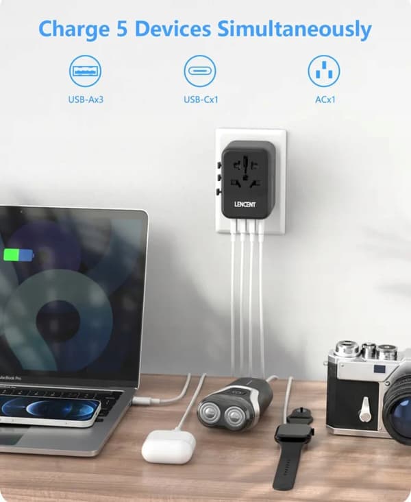 sort rejseadapter LENCENT-stik, 4x USB-oplader inklusive 1 USB C