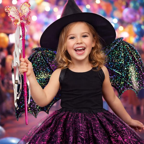 Helloween Set Häxa Fladdermuskostym + Hatt + Vingar + Trollstav H32