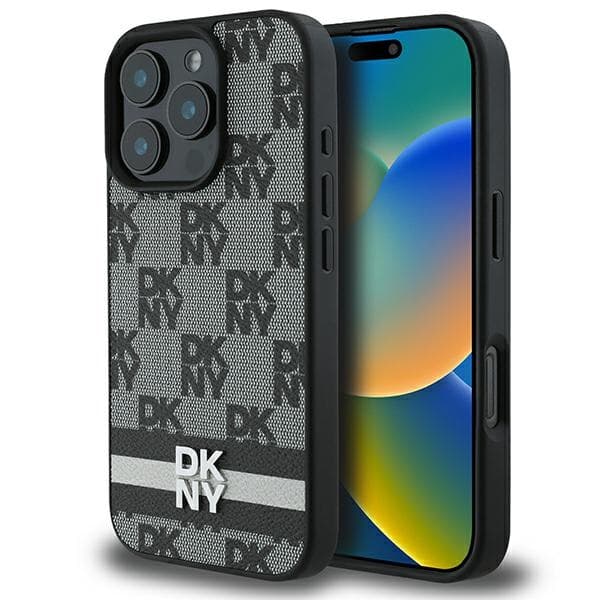 DKNY DKHCP16LPCPTSSK iPhone 16 Pro 6,3" sort/sort hårdt cover med ternet mønster og trykte striber