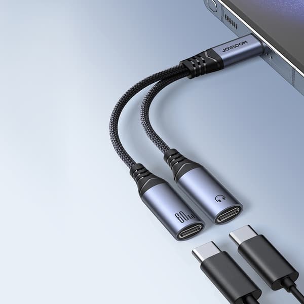 2-i-1 adapteroplader + hovedtelefoner USB-C til 2x USB-C sort