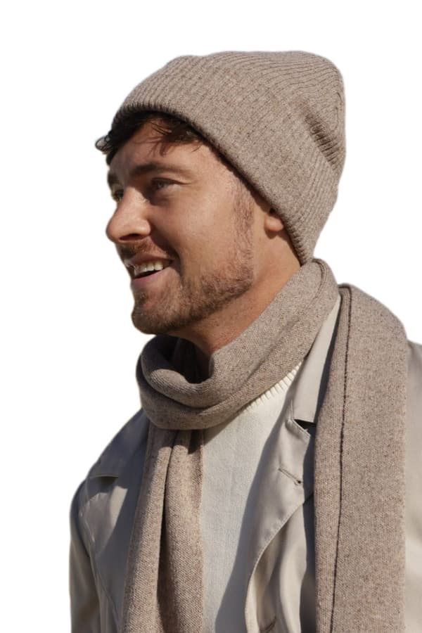 Ribbad mössa med mudd - Patrick, merinoull + siden, beige