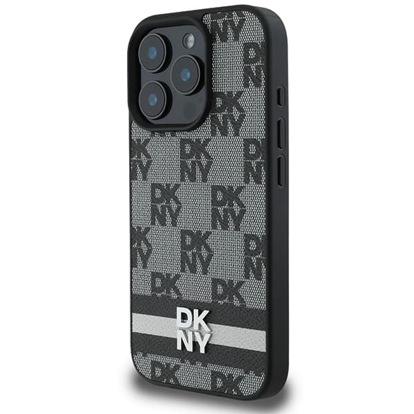 DKNY cover med ternet mønster og trykte striber til iPhone 16 Pro Max, sort