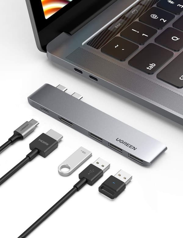 Multifunktionel HUB-port til MacBook Pro / Air 2x USB-C til USB-C HDMI 3x USB 3.0 - grå