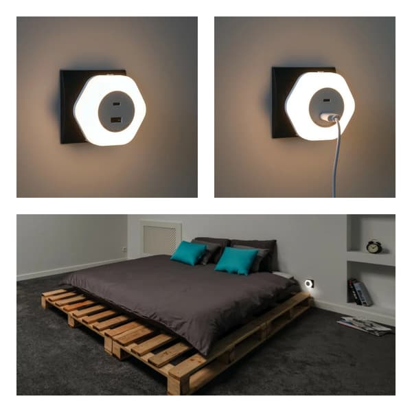 Kanlux LED-natlampe til stikkontakt, skumringssensor, 2xUSB A+C oplader