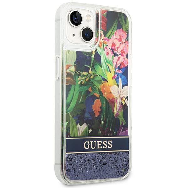 Guess Flower Liquid Glitter-skal till iPhone 14, blå