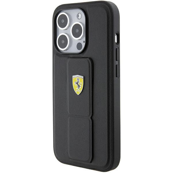Ferrari Grip Stand Metal Logo Cover til iPhone 15 Pro, Sort