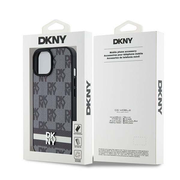DKNY Læderetui med Ternet Monomønster og Trykte Striber til iPhone 15 Plus, Sort