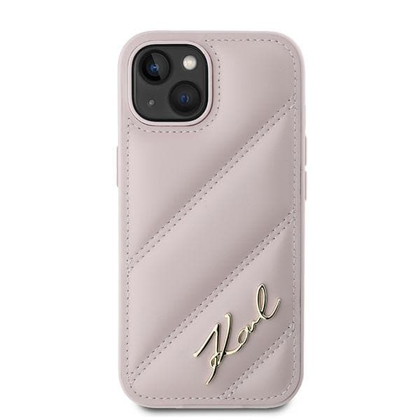 Karl Lagerfeld Diagonal Quilted Script iPhone 15 -suojakuori, pinkki