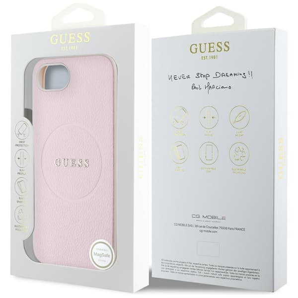 Guess Grained Ring MagSafe -kotelo iPhone 16e:lle, pinkki