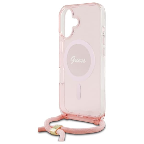 Guess Crossbody Cord Script MagSafe-etui til iPhone 16, lyserød