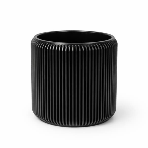 Svart blomkruka med lock och dold droppbricka, minimalistisk