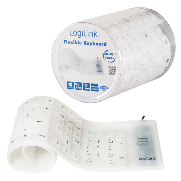 Flexibelt vattentätt LogiLink USB + PS/2 silikontangentbord i rullformat