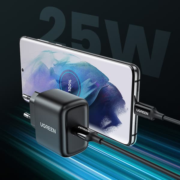 USB-C 25W PD Vægoplader til Telefon + 2m USB-C Kabel Sort