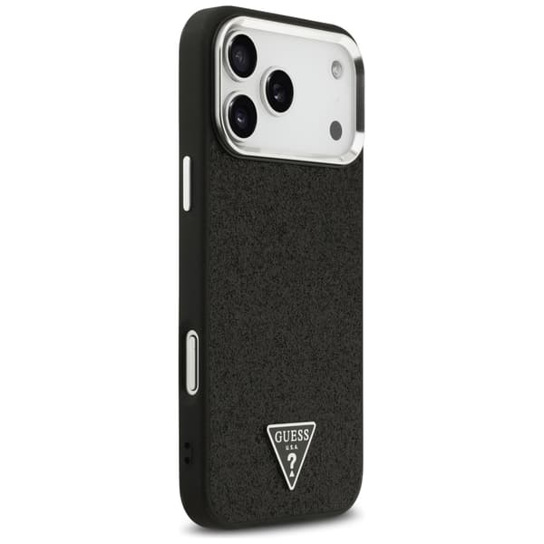 Guess Glitter Triangle Logo MagSafe -kotelo iPhone 17 Pro Maxille, musta