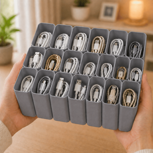 USB-kabelorganisatör grå låda för laddning