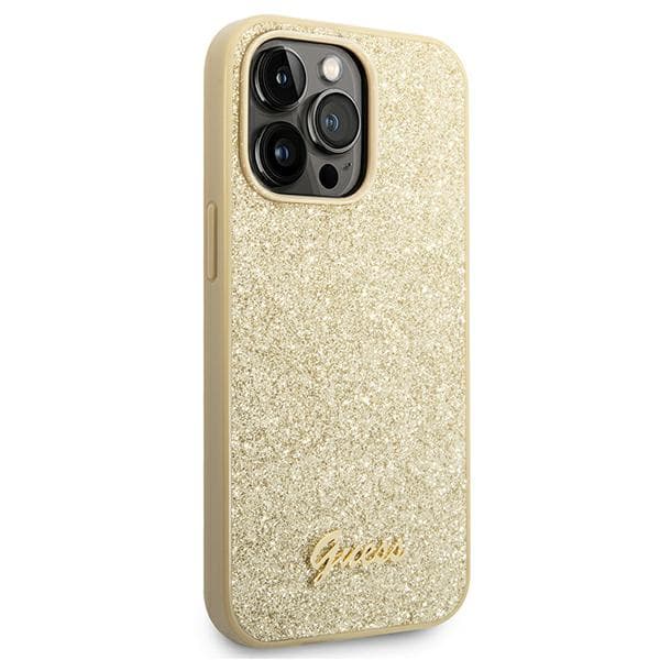 Guess Glitter Script -suojakuori iPhone 14 Prolle, kulta