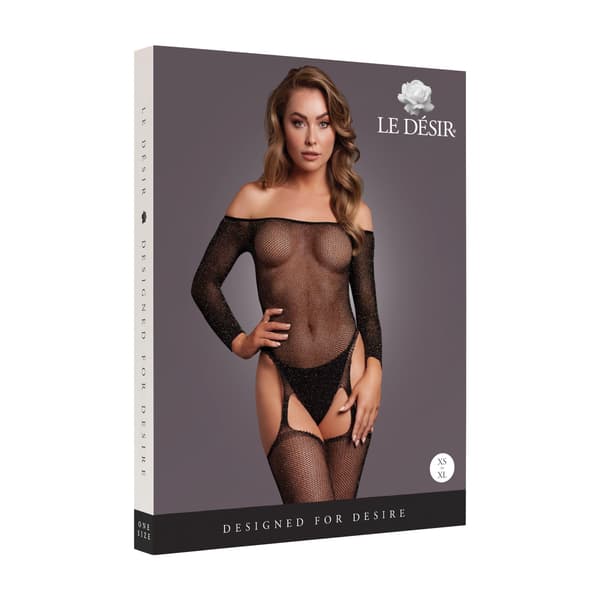 Glitrende Off-shoulder Bodystocking - One Size - Sort/Guld Glitter