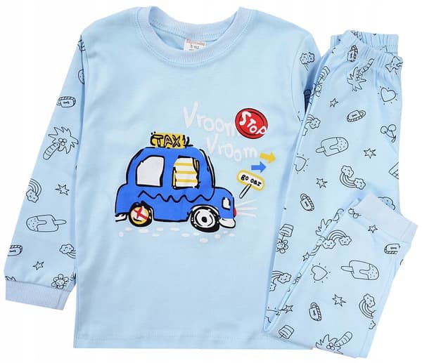 Langærmet bomuldsdrengepyjamas taxibil blå str. 4 år