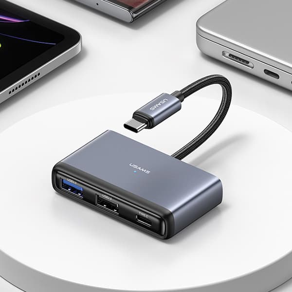 USAMS HUB 5-i-1 Adapter USB 2.0/USB 3.0/USB-C/TF/SD Grå