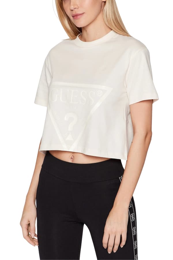 Guess Cremefarvet bomulds-T-shirt til kvinder Adele Crop M