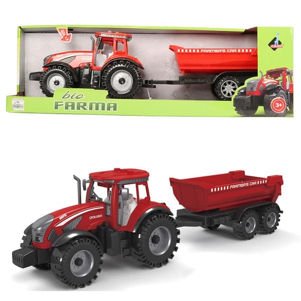 Traktor med en rød trailer