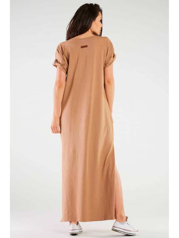Oversized kimono maxikjole i bomuldsstrik, beige S/M