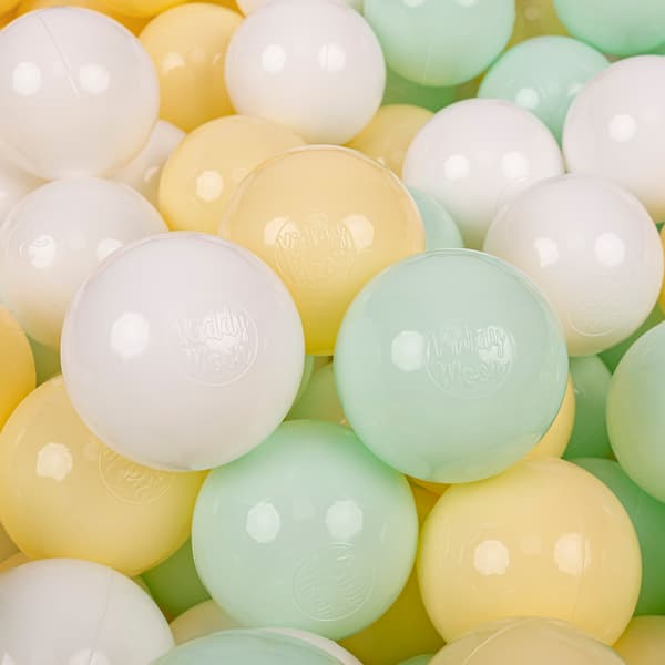 KiddyMoon plastbollar 7 cm pastellgul-vit-mint 50 leksaksbollar set