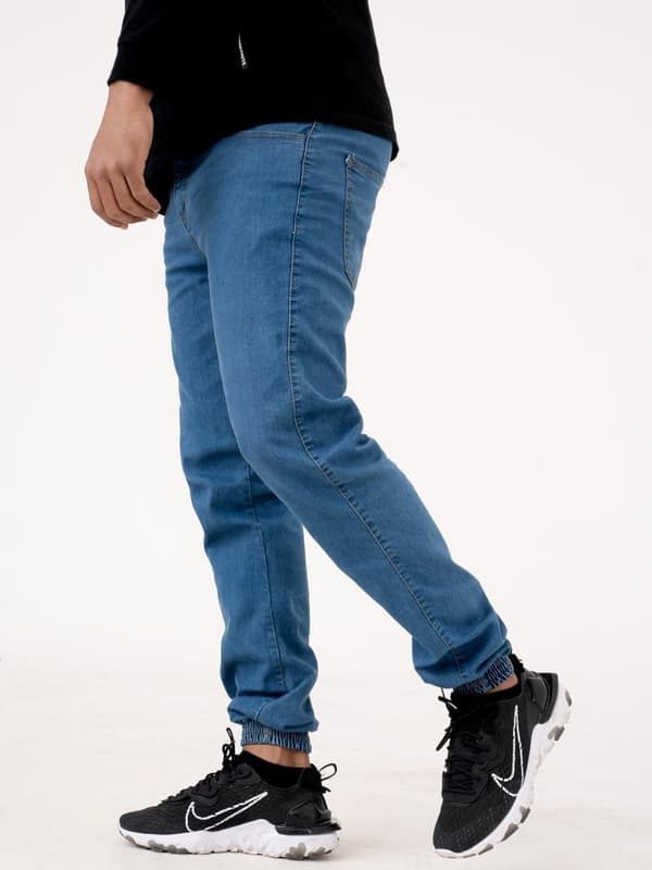 Jigga Wear Crown herrblå joggingjeans med dragsko, L