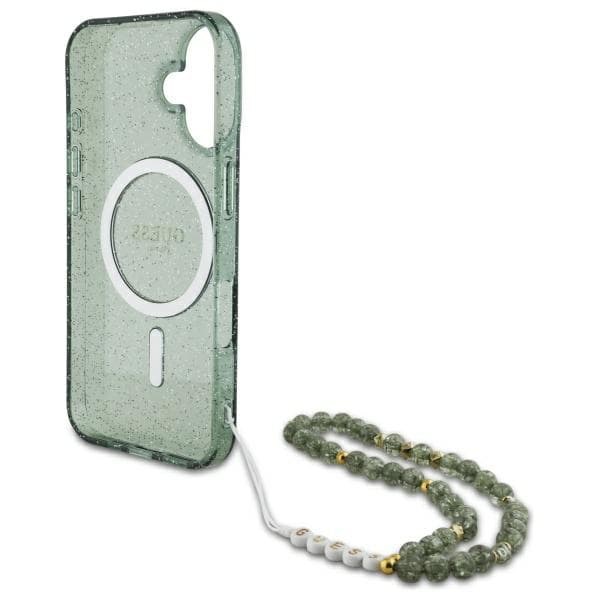 Guess IML Glitter med perlerem MagSafe-etui til iPhone 16 Plus, grøn
