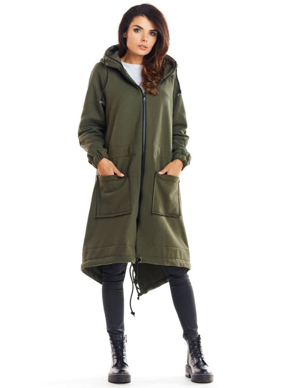 Lång parkas med dragkedja - Khaki L/XL