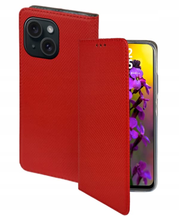 Fodral för iPhone 15 SMART MAGNET BOOKFODRAL STÄNGT RÖTT + 9H Glas