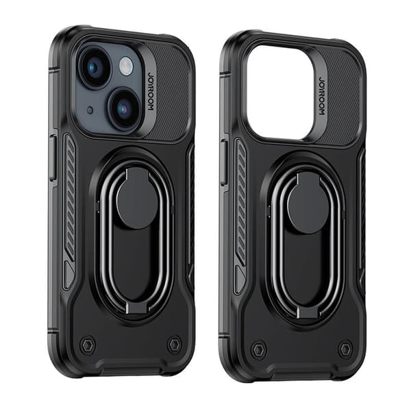 Etui til iPhone 14 Plus, pansret cover med stativ og ringholder, sort