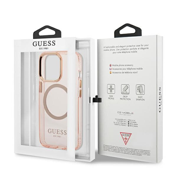Guess Gold Outline Translucent MagSafe-etui til iPhone 13 Pro Max, lyserød