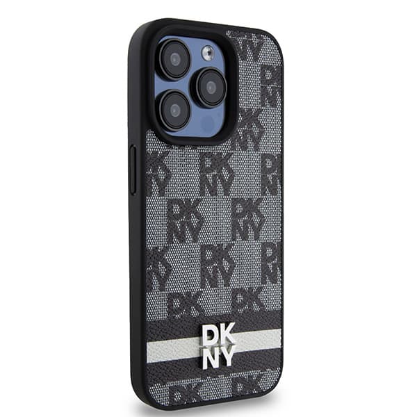 DKNY Læderetui med Ternet Monomønster og Trykte Striber til iPhone 15 Pro Max, Sort
