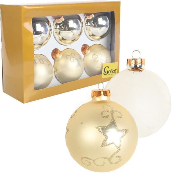 Set med 6 eleganta krämfärgade glaskulor med silverglitter 8 cm