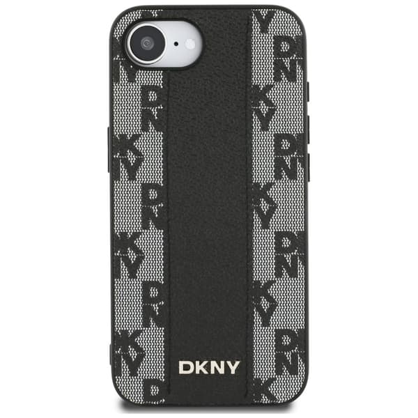 DKNY MagSafe-etui i læder med ternet monogrammønster til iPhone 16e, sort