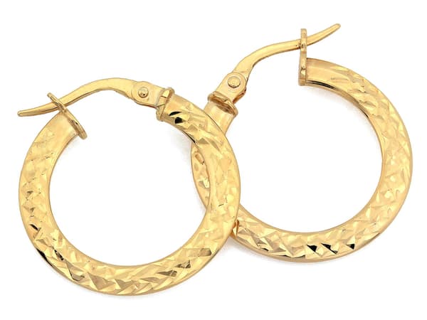 Øreringe i 585 guld, ringe, fræsede på den ene side, diameter 21 mm