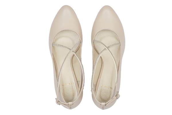 Lave 4 cm læderbryllupssko med strassremme, beige 36