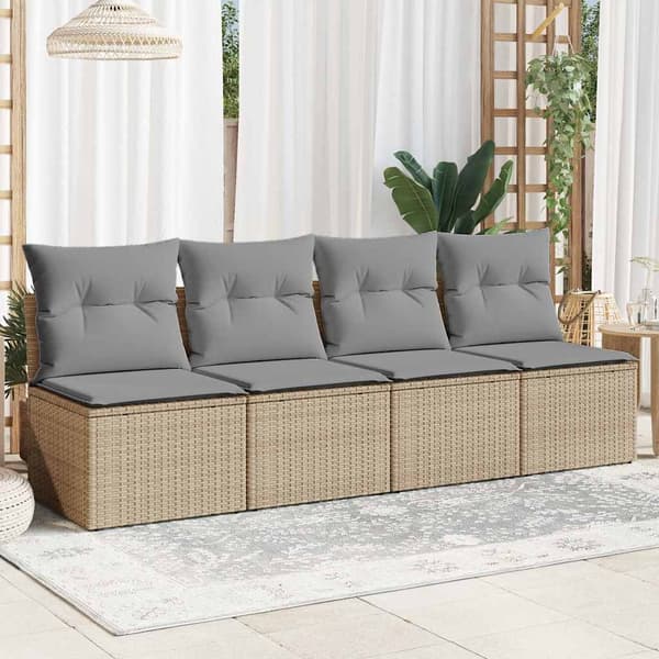vidaXL Trädgårdssoffa med kuddar, 4-sits, beige, polyrotting