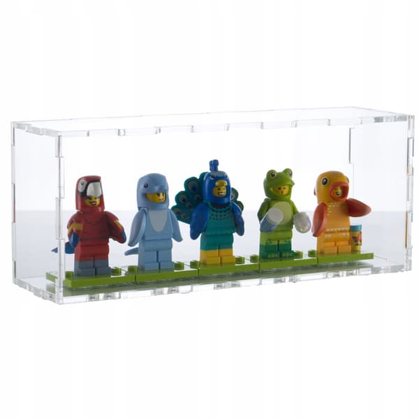 Vitriini viidelle lego-minihahmolle, suojaa pölyltä ja UV-säteilyltä